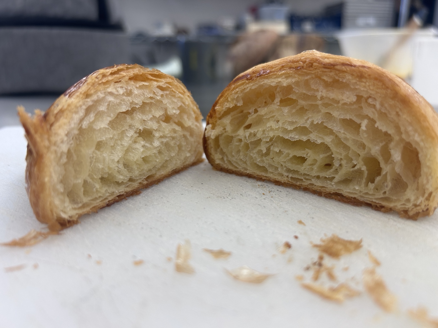 Original croissant batch with tight, restricted crumb